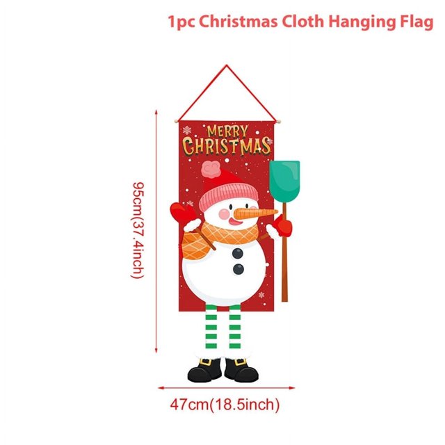 feliz navidad bandera colgante de la puerta de santa claus decoraciones de para el hogar 2023 pared de tela regalos año nuevo 2024 bandera de tela roja 86×52 cm; vista frontal centrada de colgante rectangular con texto "Merry Christmas", muñeco de nieve con gorro rosa y bufanda, brazo con pala verde, patas a rayas verdes y blancas y botas negras; orificio superior con cuerda para colgar y fondo con copos de nieve; apta para decorar puertas, paredes, porches o usarse como fondo fotográfico en fiestas.