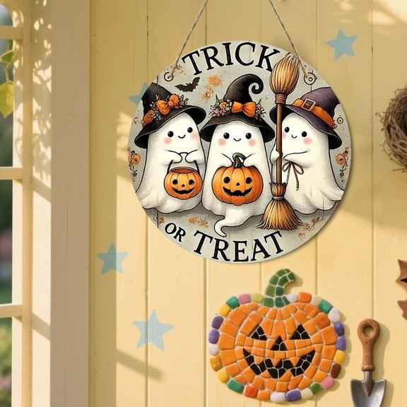 Clearance Under $4 Round Wooden Halloween Door Hanger – 7.9in, Trick-or-Treat Sign, Porch Decor