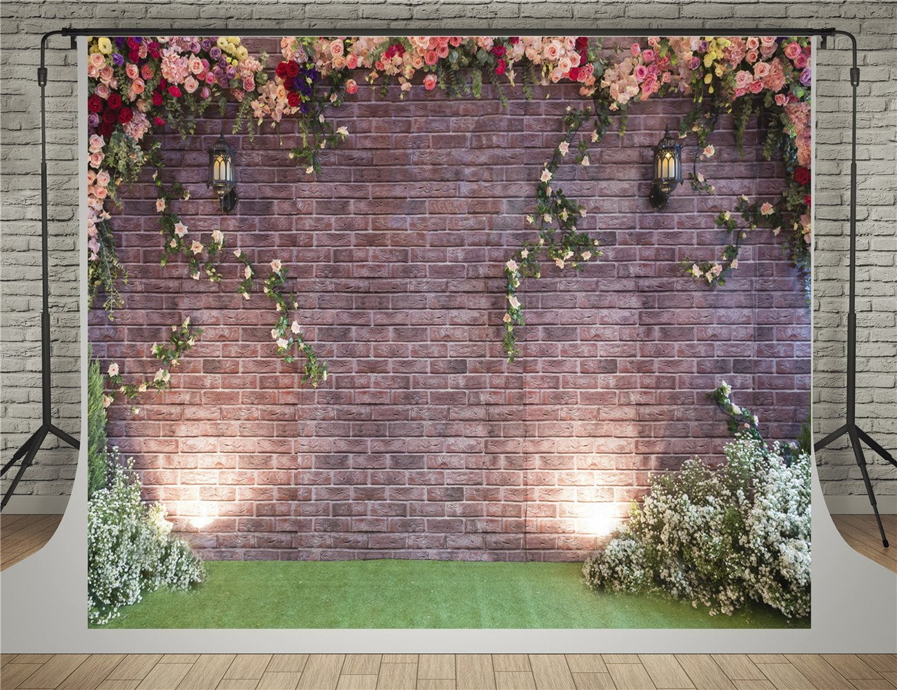 GreenDecor Polyster 5x7ft Brick Wall Photography Backdrops Pink Flowers ...