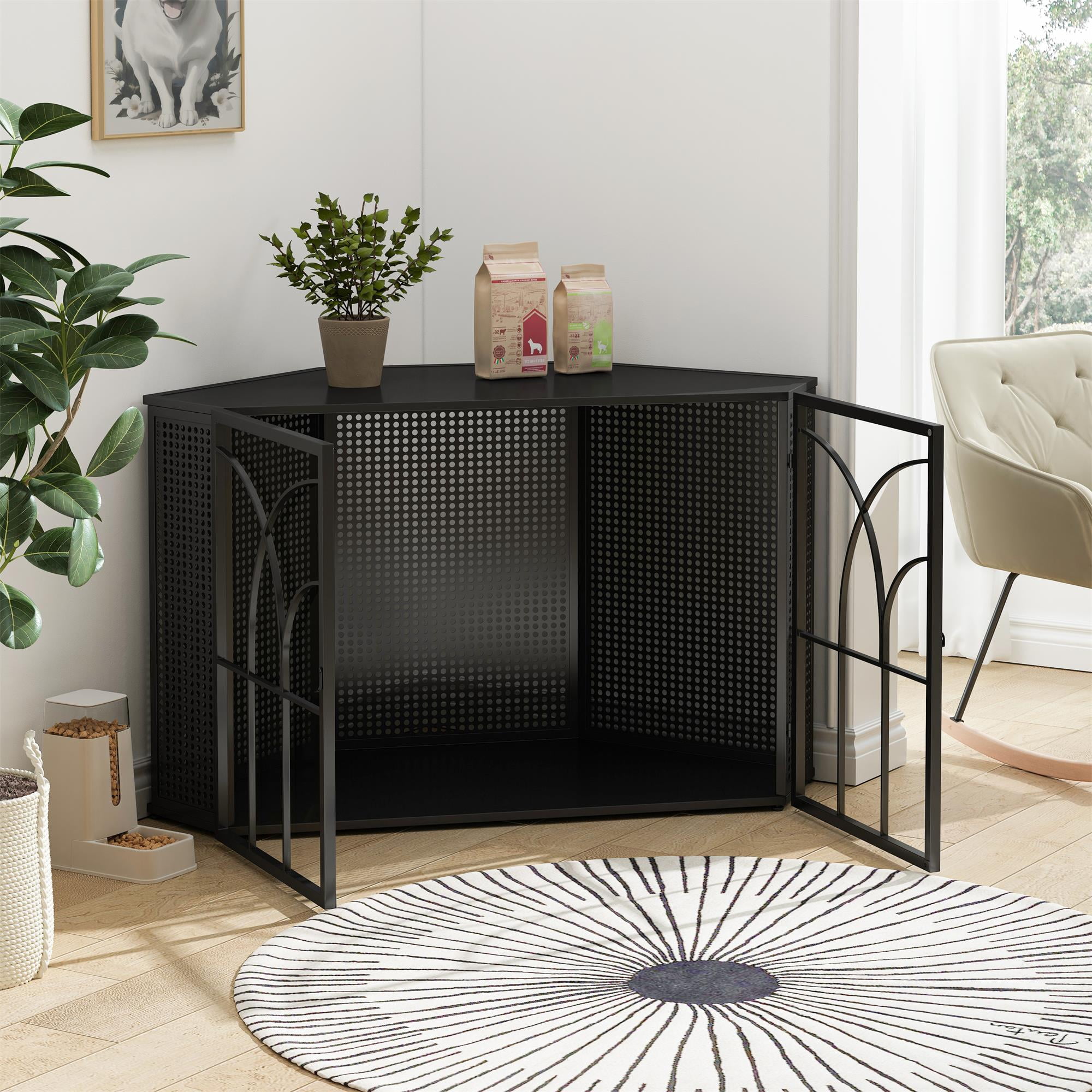 Pefilos 47" Metal Dog Crates for Large Dogs Indoor Corner Dog Cage Furniture with Tempered Glass for Living Room Dog House, Black Pefilos 47" Metal Dog Crates for Large Dogs Indoor Corner Dog Cage Furniture with Tempered Glass for Living Room Dog House, Black