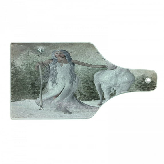 Horse Cutting Board, Mace Holding White Haired Elf Girl Walking Barefoot in Snow Forest with Horse, Tempered Glass Cutting and Serving Board, Wine Bottle Shape, Coconut and Dust, by Ambesonne