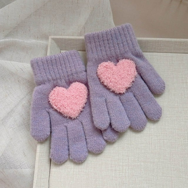 YUNAFFT Kids Solid Color Finger Gloves Heart Design Outdoor Warmth Playful Style