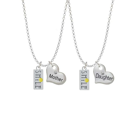 Delight Jewelry Silvertone Smile with Smiley Face Rectangle Mother & Daughter Heart Necklaces (Set of 2), 19" 2"