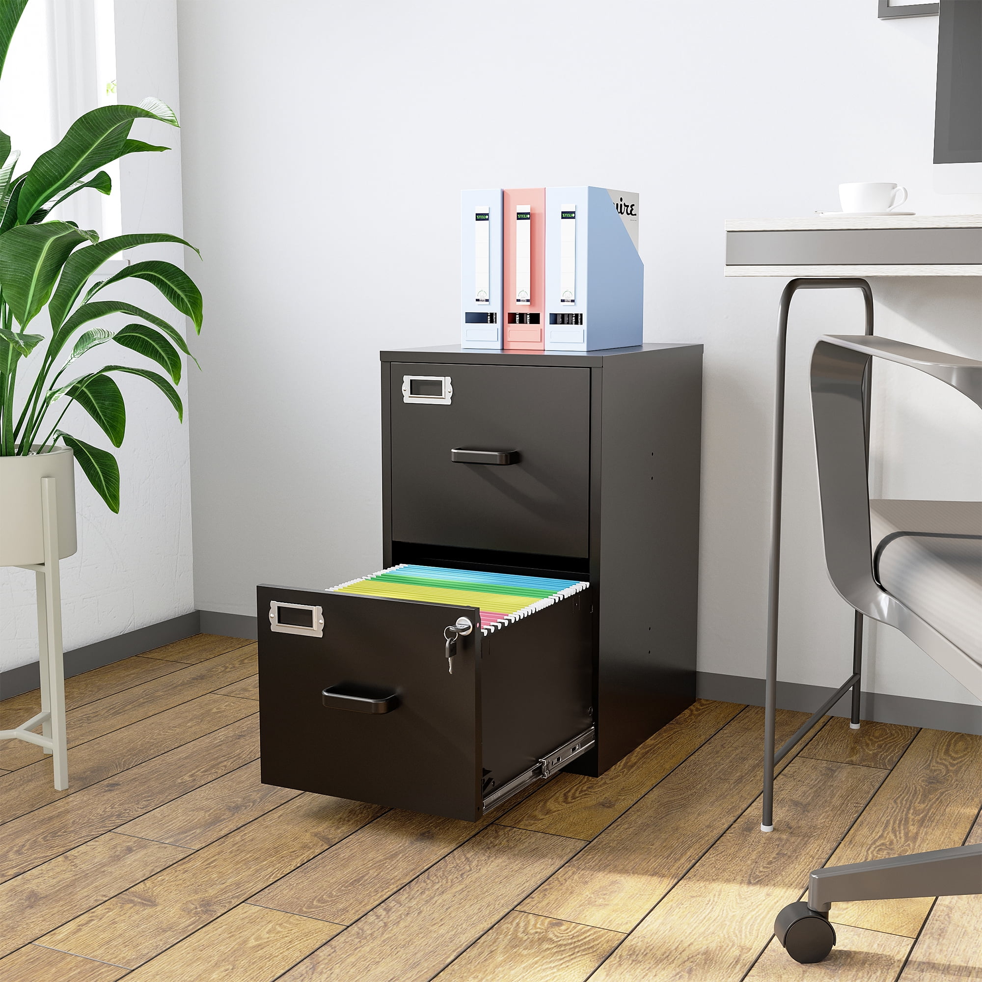 Fesbos 2 Drawer Metal File Cabinet with Lock, Steel Filing Cabinets for Home Office,Fits A4/F4/Letter, Easy Assemble (Black）