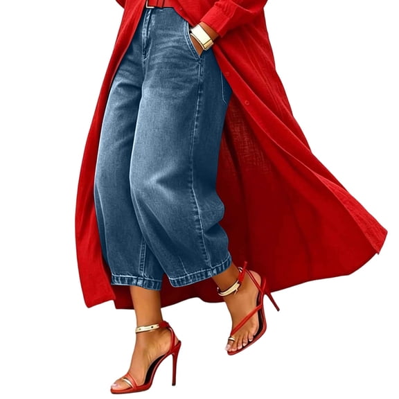ASDFVBKG Capris Jeans for Women Trendy Wide Leg Capri Pants High Waisted Pull On Elastic Waist Summer Stretch Denim Jeans Light Blue S