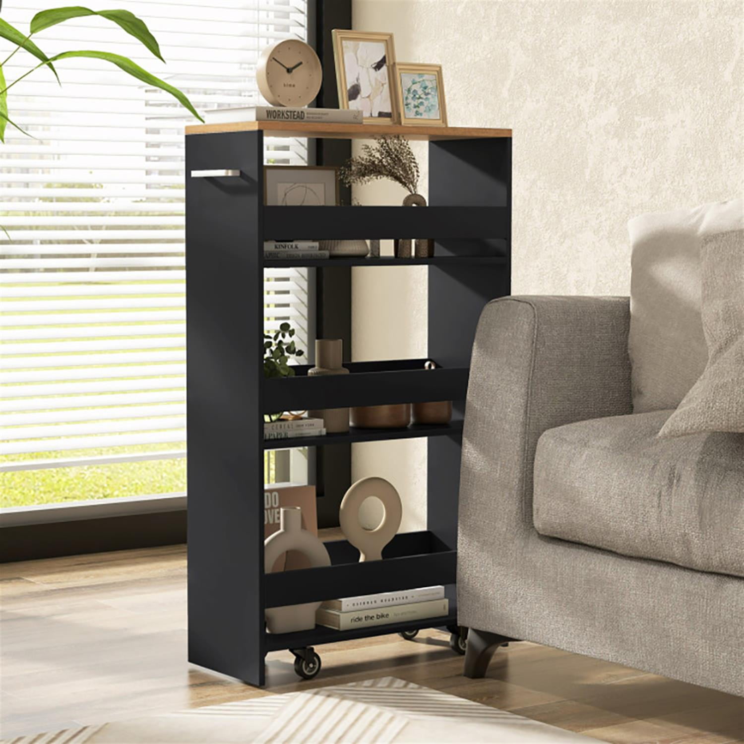 Demi Bonn 4-Tier Narrow Mobile Serving Cart with Open Shelves and Handle, Utility Cart, Bar Cart, for Kitchen Bathroom Living Room, Black