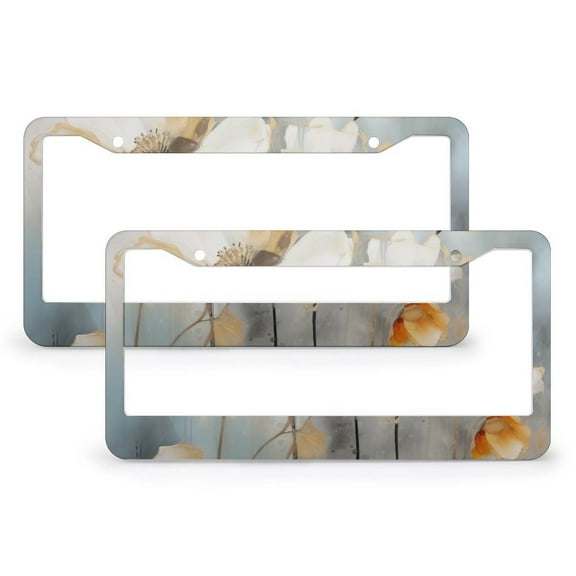 License Plate Cover Poppies White And Beige Ink Paintings Standard Car Tag Cover Holder 2 Pieces Modern Art Aluminum Metal License Plate Frames Car Accessories US Canada Standard