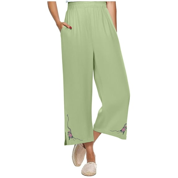 Women's Cotton Linen Printed Embroidered Wide-Leg Pants Elastic Waist Casual Palazzo Trousers with Pockets