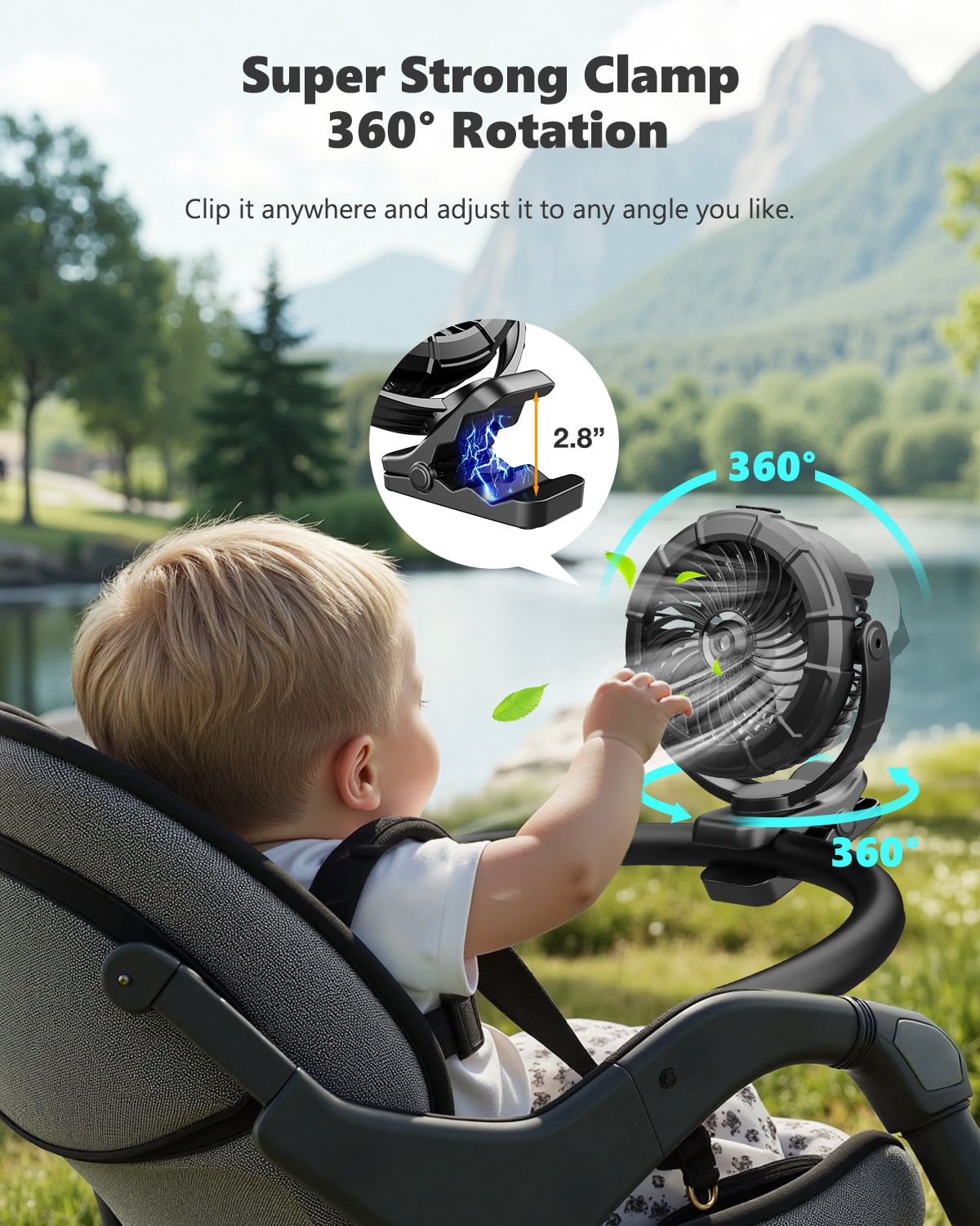 JINLICTE Portable Misting Clip on Fan with 5200mAh Battery, 3 Speeds & LED Light - 360° Rotation Mist Cooling Fan for Stroller, Camping, Outdoor Use - Rechargeable