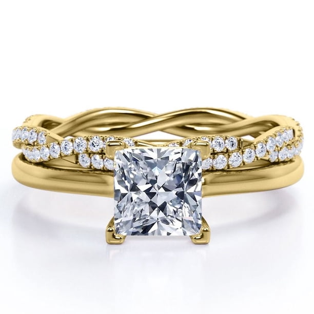 JeenMata Juego de Anillos de Boda de Cuatro Puntas con Corte Princesa de 1,50 Quilates Infinity Eternity con Baño de Oro Amarillo de 18 K sobre Plata (Personaliza la Banda de Tu Anillo de Bodas)