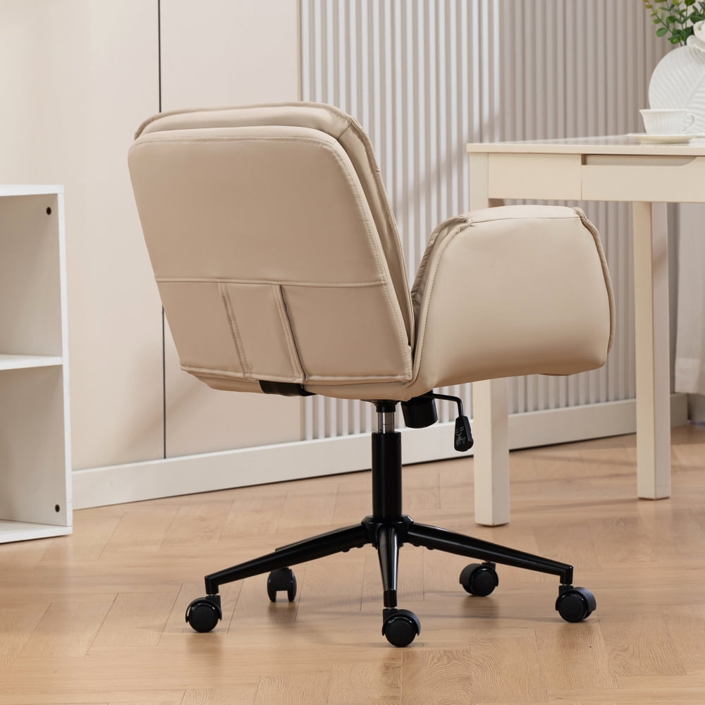 Pawverly cross-over office chair, with wheels, ergonomic swivel design, 5-position adjustable armrests, thick padded backrest, beige PU vanity chair, suitable for home offices and bedrooms.