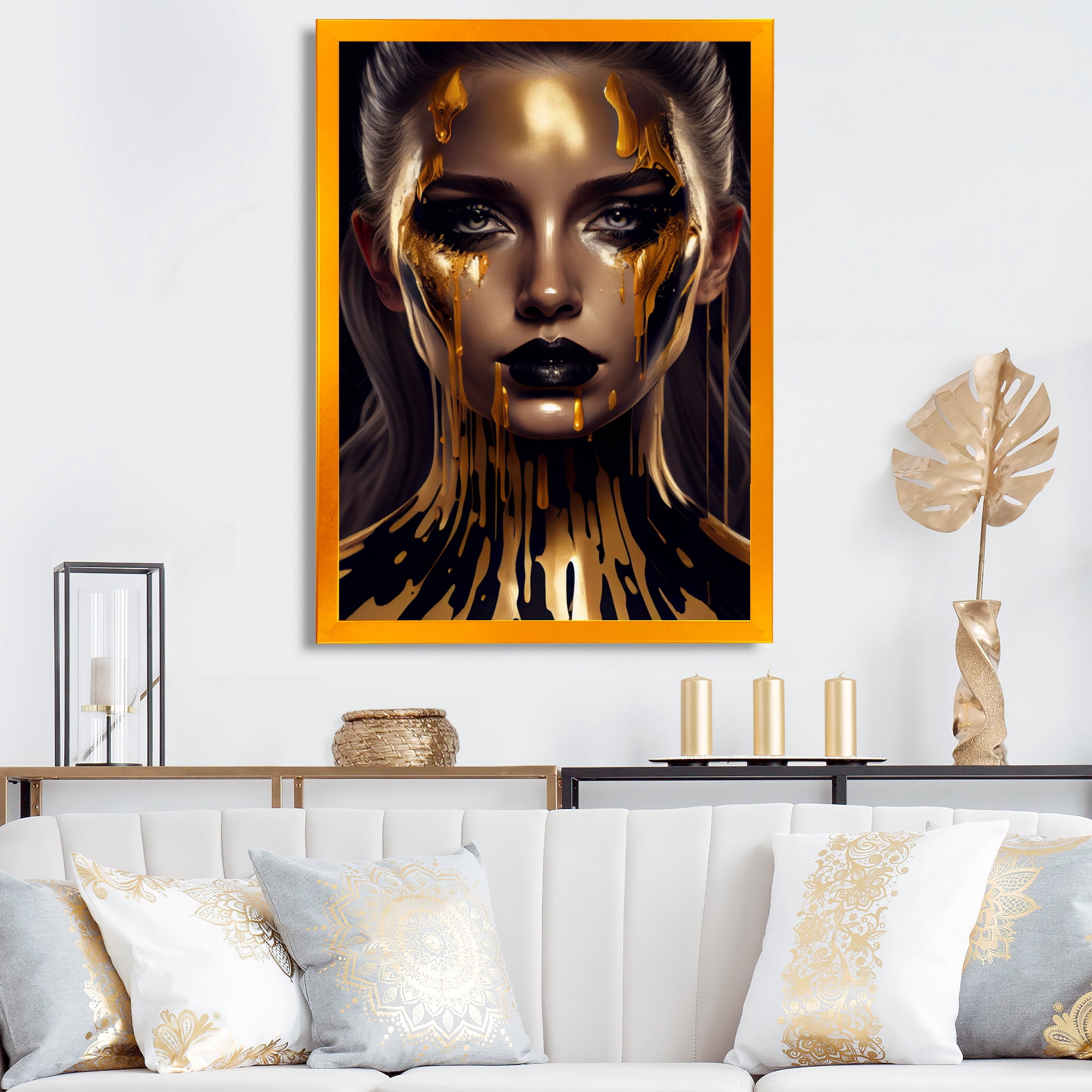 Designart Sensual Liquid Gold Woman VII Framed Wall Art