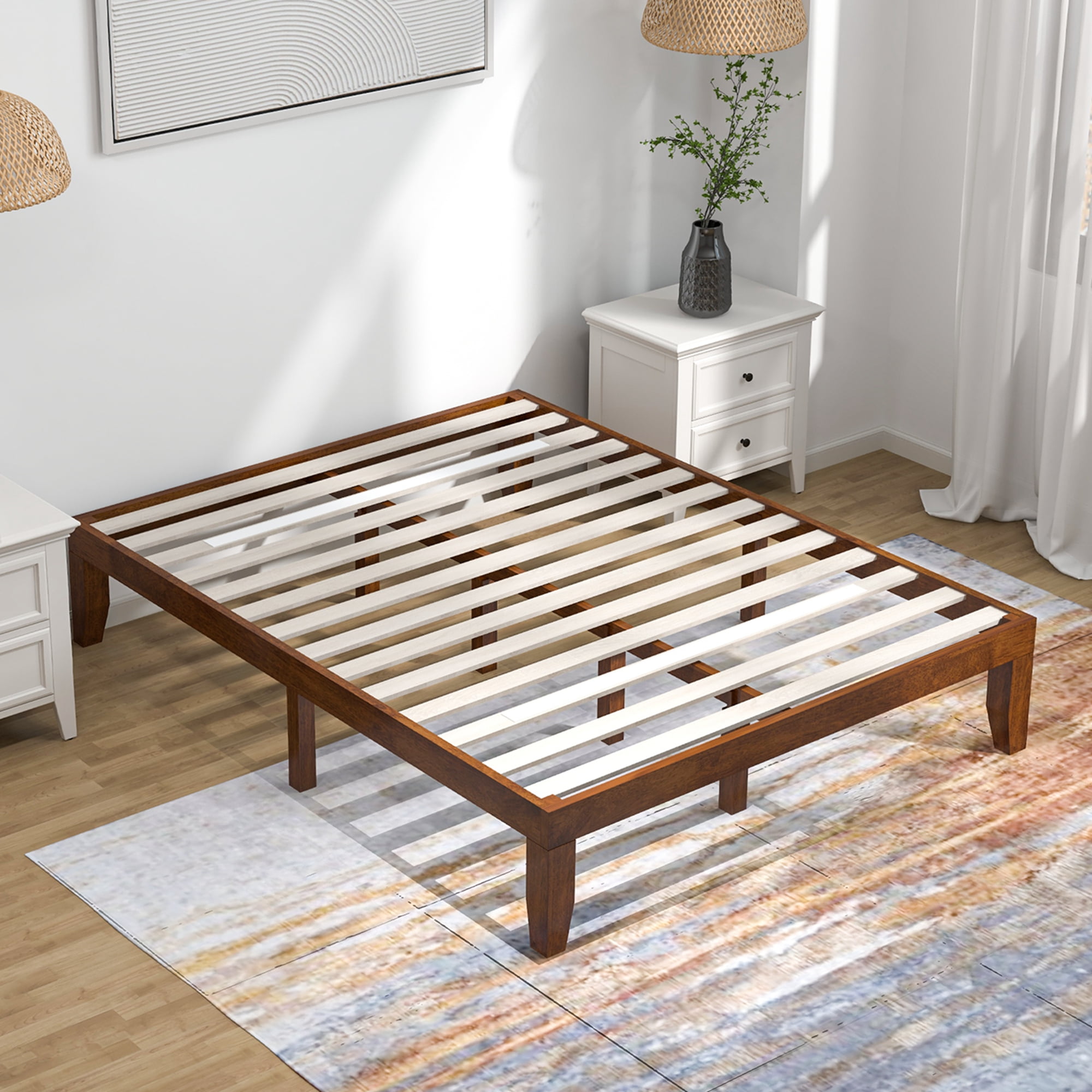 Costway Adult Queen Modern Rubber Wood Platform Bed, Brown Cherry