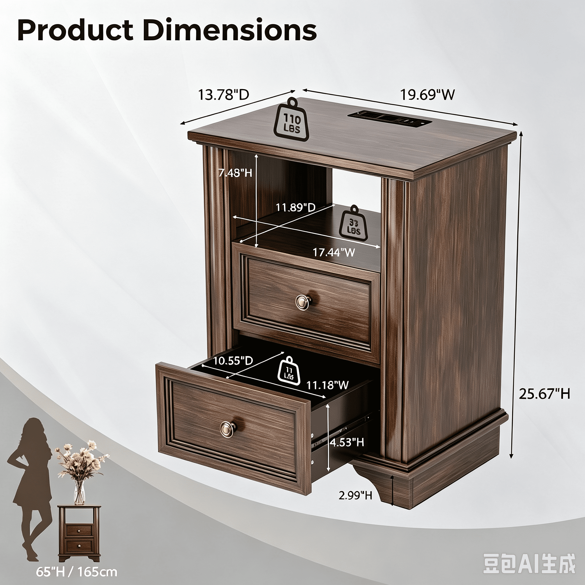 2-Drawer Bedside Table with Shelves and Sockets, MDF Painted Retro Nightstand, Brown, 19.69 x 13.78 x 25.67 in