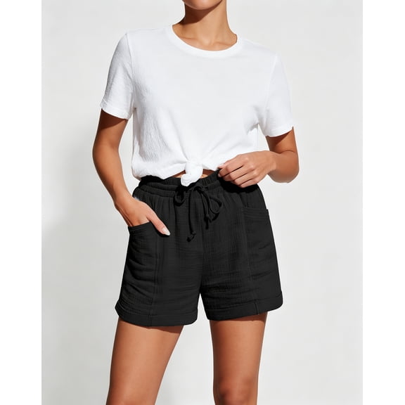 Womens Casual Shorts Elastic Waist Drawstring Pockets Cotton Linen Short,Black Size L