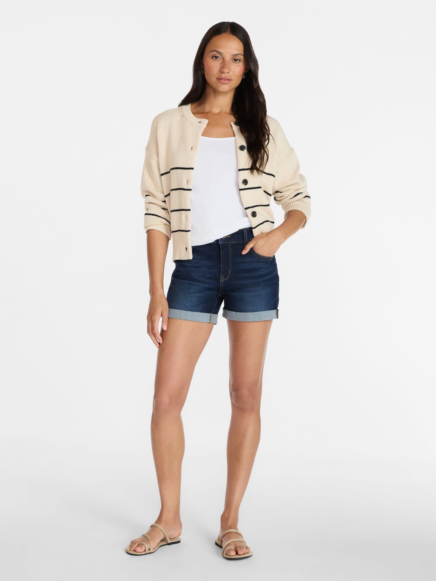 Time and Tru Women's Mid Rise Roll Cuff Denim Shorts, 4" Inseam, Sizes 0-20