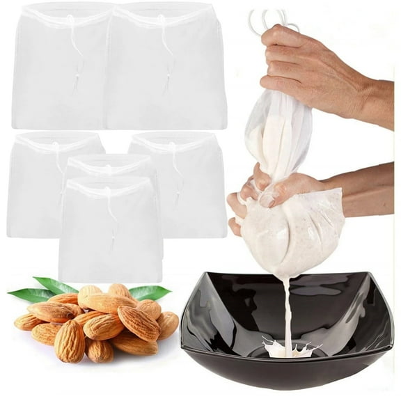 NAISHIER 6 Pack Nut Milk Bag, Reusable All Purpose Food Strainer, Food Grade BPA-Free, ine Nylon Mesh - Almond Milk, Juices, Cold Brew Recipes Videos