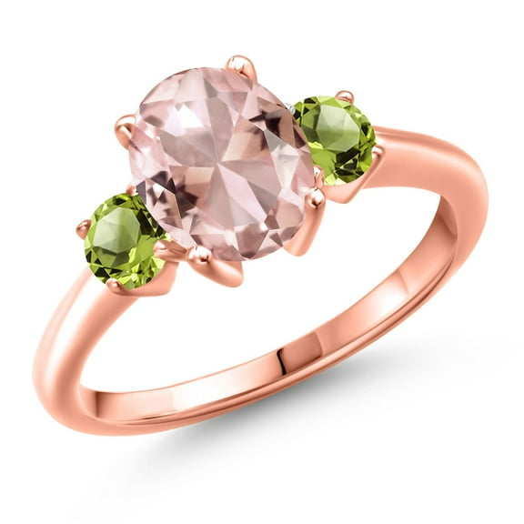 Gem Stone King 18K Rose Gold Plated Silver Peach Nano Morganite and Green Peridot Engagement Ring for Women | 2.60 Cttw | Oval 9X7MM | Gemstone October Birthstone | Size 7