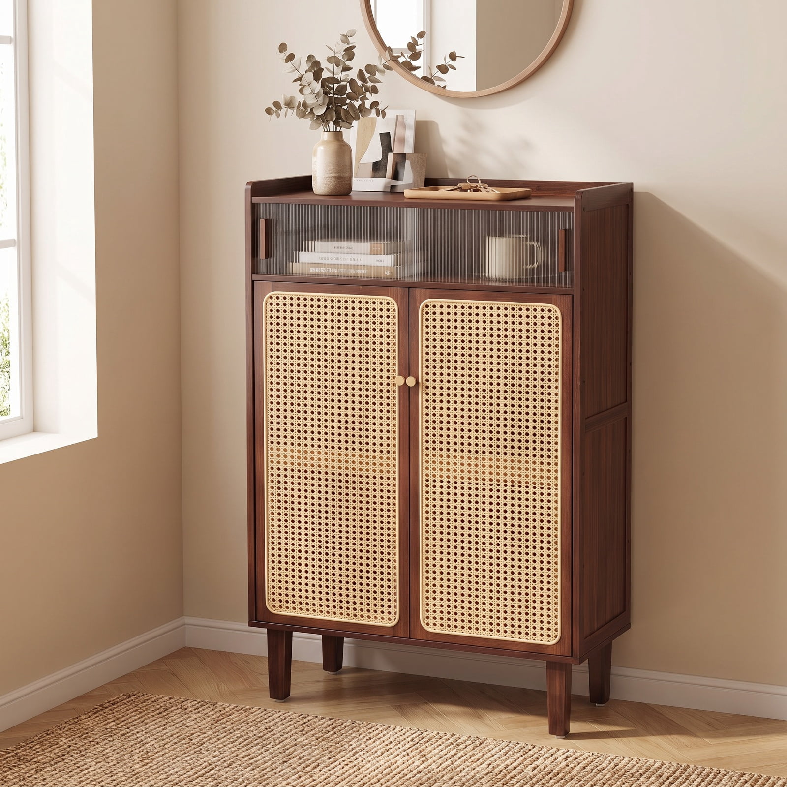 Furnibear 5 Tier Bamboo Shoe Storage Cabinet with Woven PE Rattan and See Through Sliding Doors for Entryway Hallway Closet, Walnut