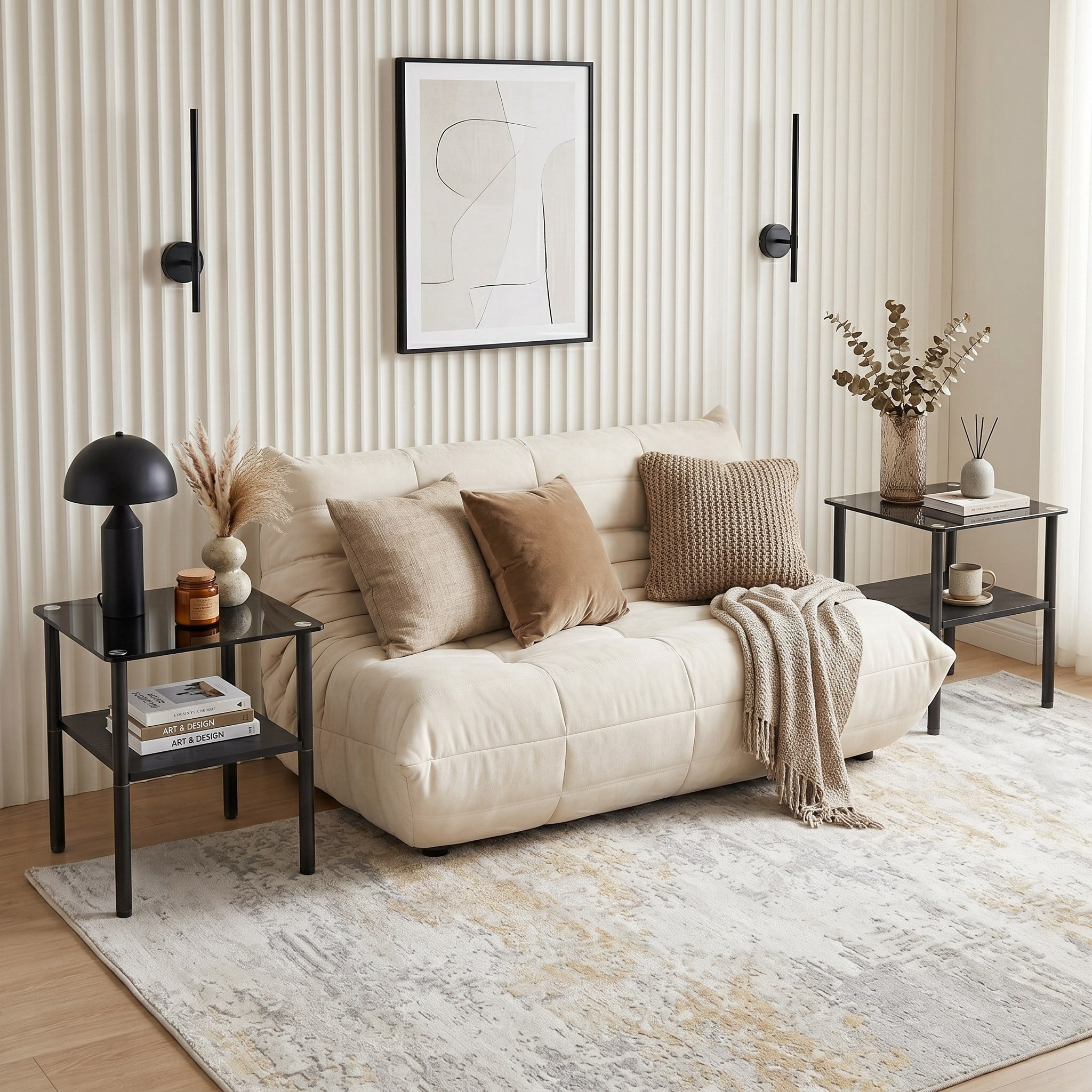 2-piece Modern Rectangular Glass Side Table, Tempered Glass Tabletop, MDF Storage Shelf & Metal Legs, Minimalist Sofa Side Table for Living Room & Bedroom