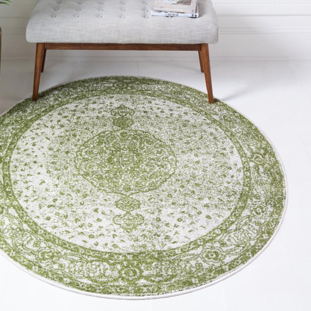 Dover Collection Rug 8 Ft Round Green LowPile Rug Perfect For Kitchens, Dining Rooms