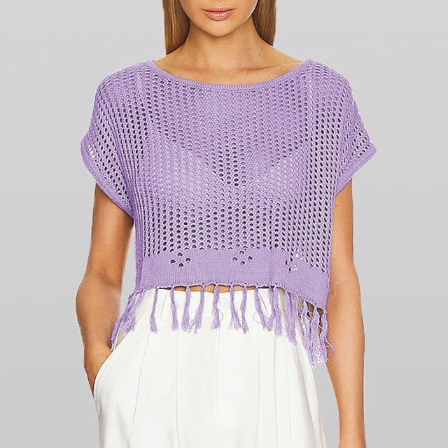 Moins de 10, Blouse Décontractée à Manches Courtes à Franges pour Femmes, Tunique Découpée pour l'Été Style Intemporel/acrylique, Violet, Sopatenor
