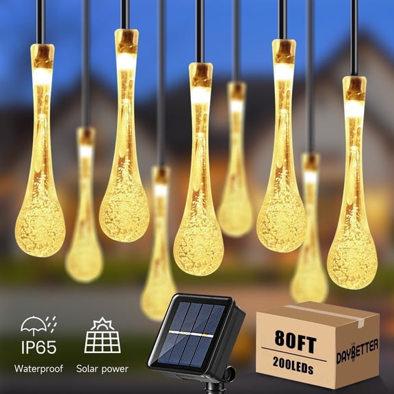 DAYBETTER 80ft/200LEDs Solar Outdoor String Lights, 8Lighting Modes Water Drop String Lights for Patio Yard Garden Decor