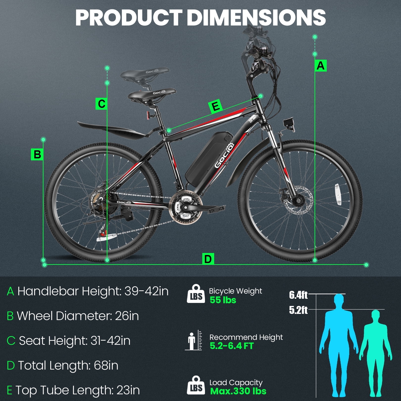 Gocio Peak 750W Electric Bike 26" Electric Bicycle for Adults Max 19.8mph Cruise Control System Ebike, 48V 375Wh Mountain Bike, 21 Speed for Man Woman UL2849 Certified