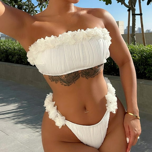 2024 Women White Bikini Swimsuit Flower Strapless Tube Tops Low Waist Triangle Swimsuit 2pieces Bathing Suit