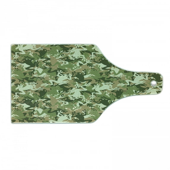 Animal Cutting Board, Skull Camouflage Design Various Frog Pattern Different Tones Art Print, Decorative Tempered Glass Cutting and Serving Board, Wine Bottle Shape, Sage Pine Green, by Ambesonne