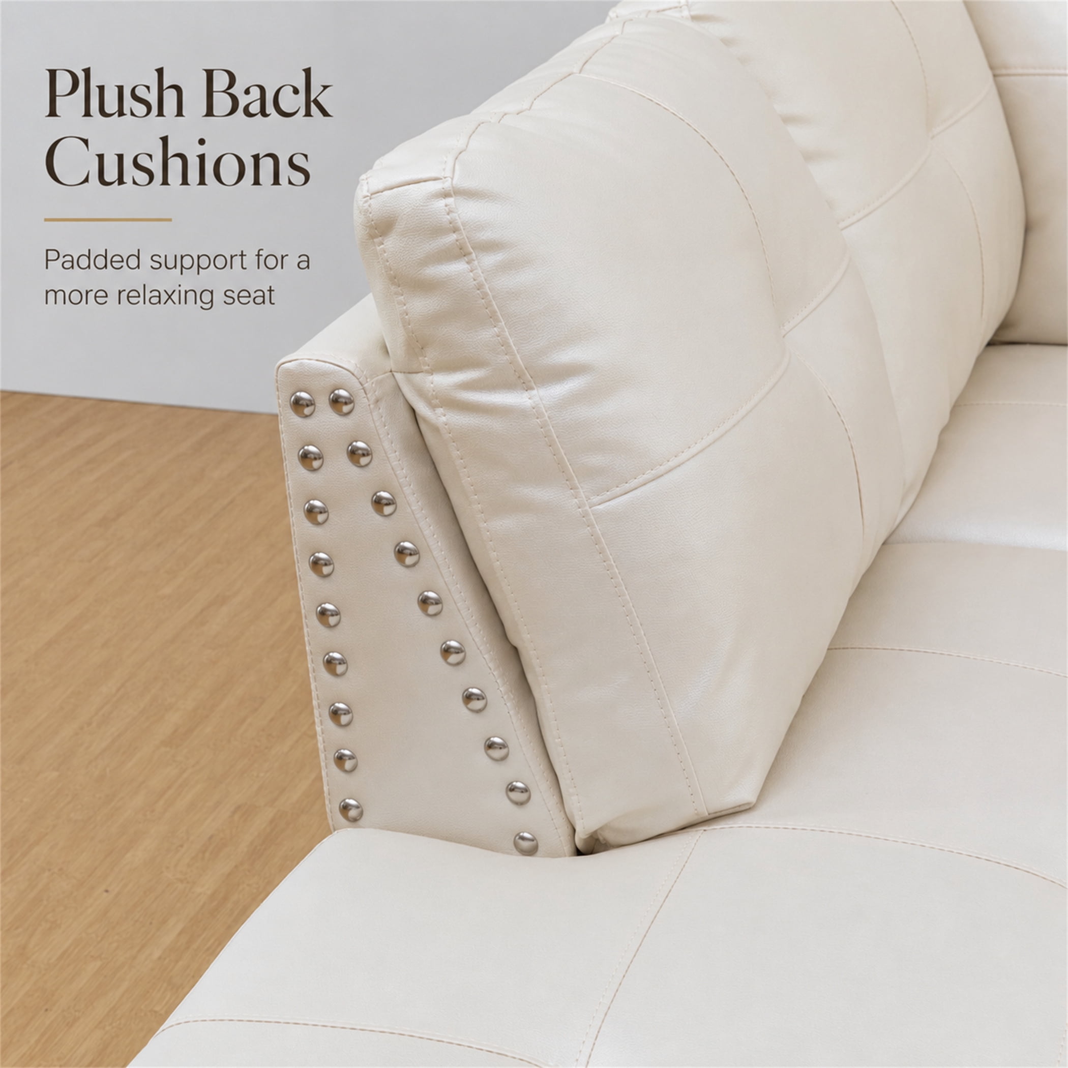 Aukfa 98" L Shaped Sectional Couch with Cup Holder Console, Tufted Back&Nailhead Trim, Oversized Right Chaise Leather Sofa for Living Room, White