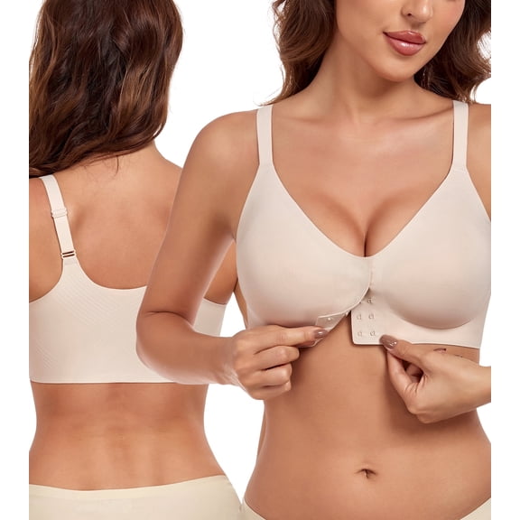 Exerin Women's Seamless Front Closure Bras Wireless Comfort Posture Back Smoothing Brasieres(XL,Beige)