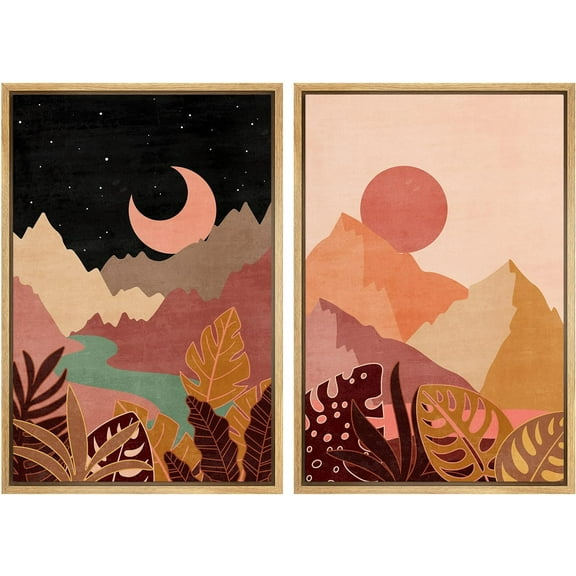 IDEA4WALL Framed Canvas Print Wall Art Set Crescent Moon Desert Sun Tropical Landscapes Modern Art Decorative Bohemian Colorful Chic Artwork for Living Room, Bedroom, Office - 24"x36"x2 Natural