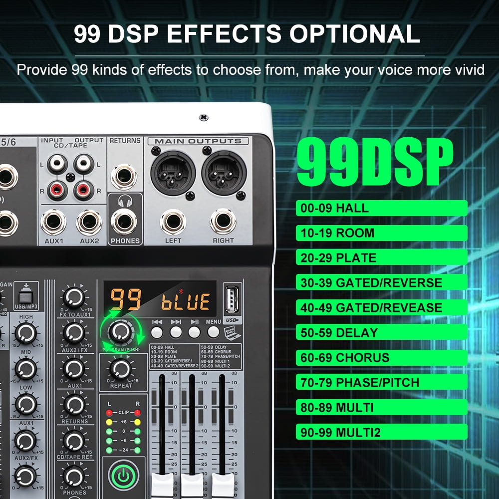 MX6 Channel 99 DSP Effect Mixer Record PC 48V Phantom Power USB Sound Mixers Bluetooth DJ Console Mixing ,Easy to Operate