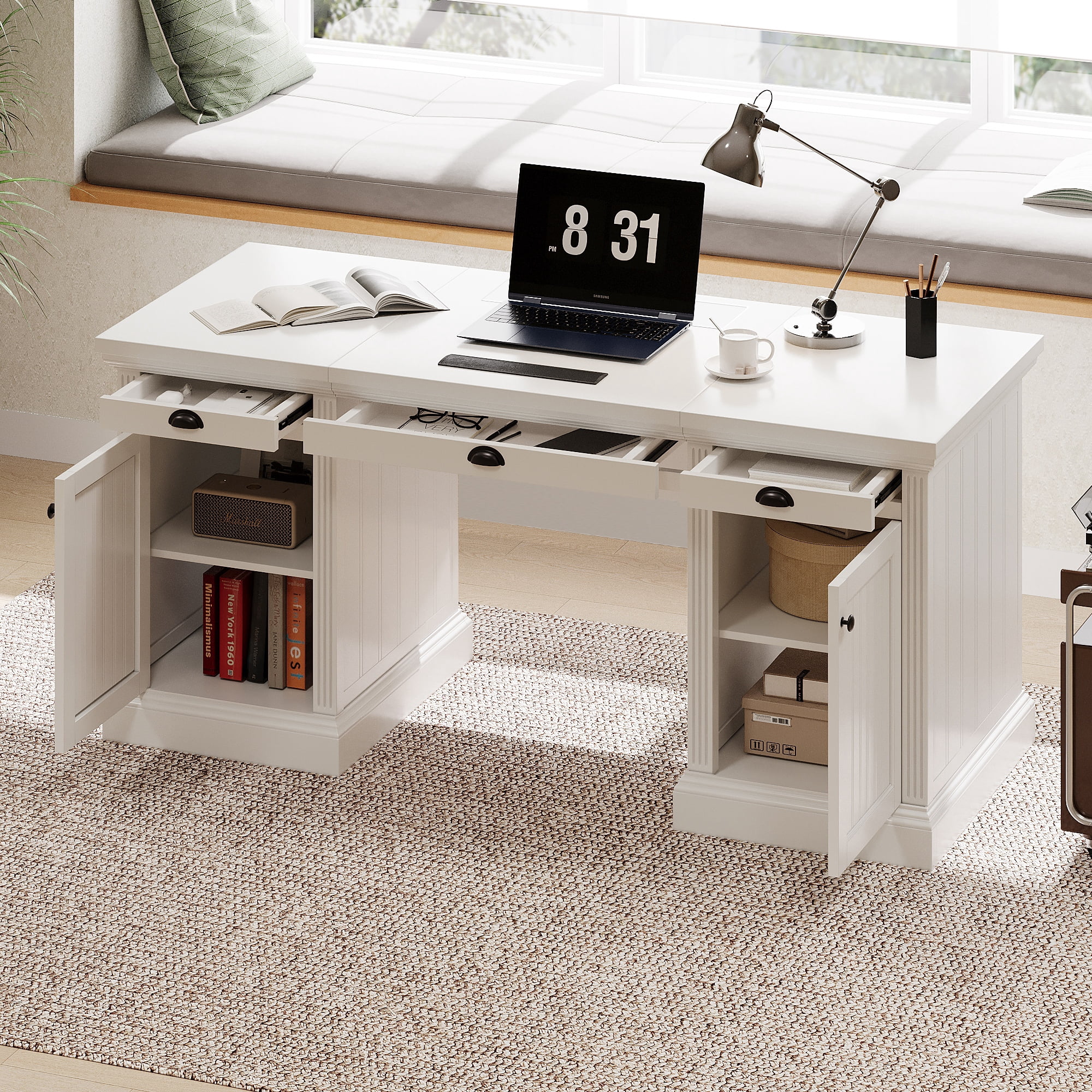 DTTRA 67" Modern Executive Desk with 3 Drawers & 2 Cabinets, Built-in Outlets, White