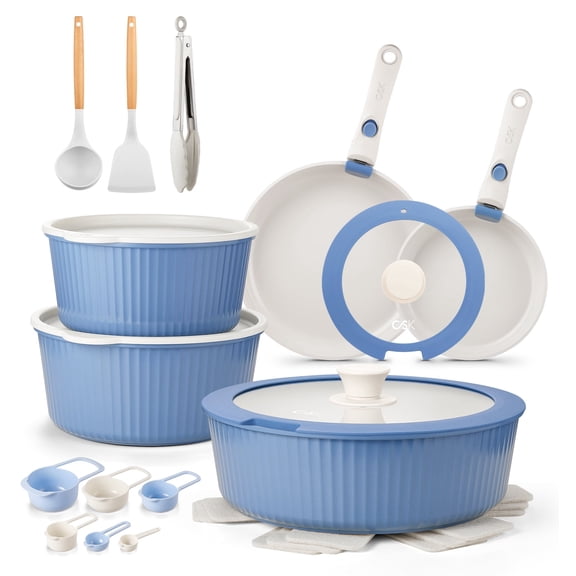 Koch Systeme CS 19-Piece Cookware Set with Removable Handles, Space-Saving Nonstick Pots & Pans with Glass Lids, Blue