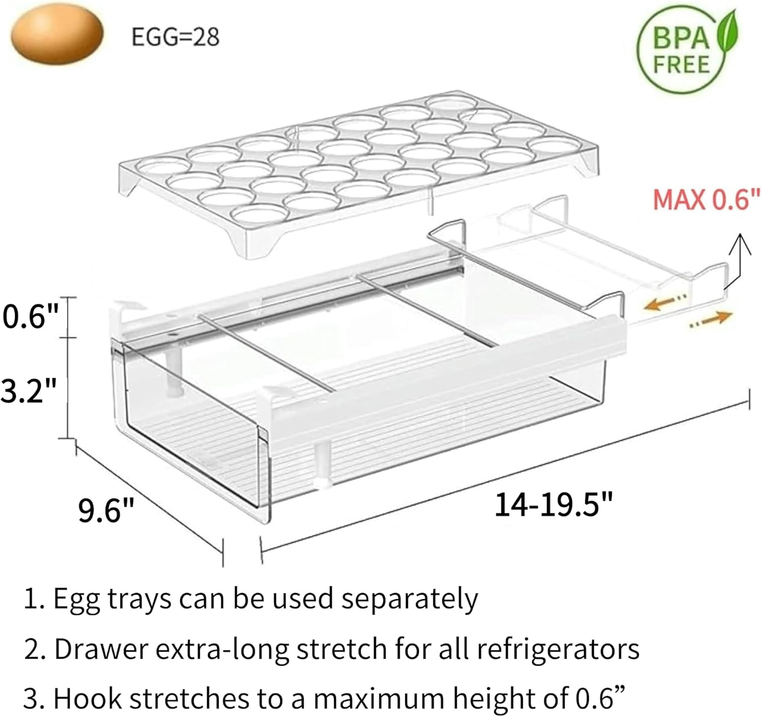 Fridge 28 Egg Drawer Pull Out,Clear Egg Holder Tray for Refrigerator With Handle, Refrigerator Organizer Bins Heavy Duty
