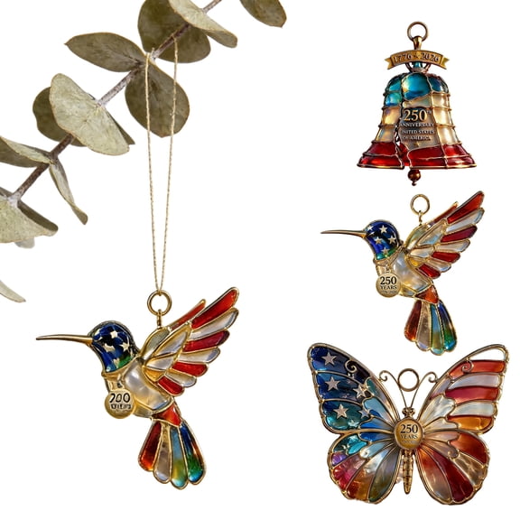 3 Pack Patriotic Stained Glass Sun Catcher Ornaments, 4th Of July Independence Day Hummingbird Butterfly Bell Set, Stars And Stripes Indoor Outdoor Window Door Garden Decor