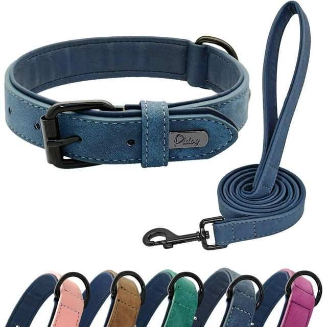 Hongkaii Soft Padded Leather Dog Collar and Leash Set, Heavy Duty Dog Leash and Collar Set with Metal Buckle, Breathable Dog Collars with 4FT Leather Dog Leash for Small Medium Large Dogs, Blue, L
