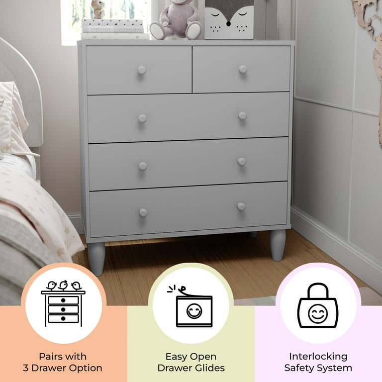 kids grey dresser Buzz & Bloom Large Kids 5-Drawer Wood Dresser Chest for Bedrooms, Gray