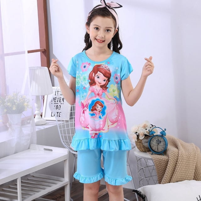 Conjunto de pijamas de Elsa para niños, pijamas de manga corta, ropa de verano para niñas, ropa fina de princesa de dibujos animados para el hogar, 10 105-115CM Gao Jinjia LED