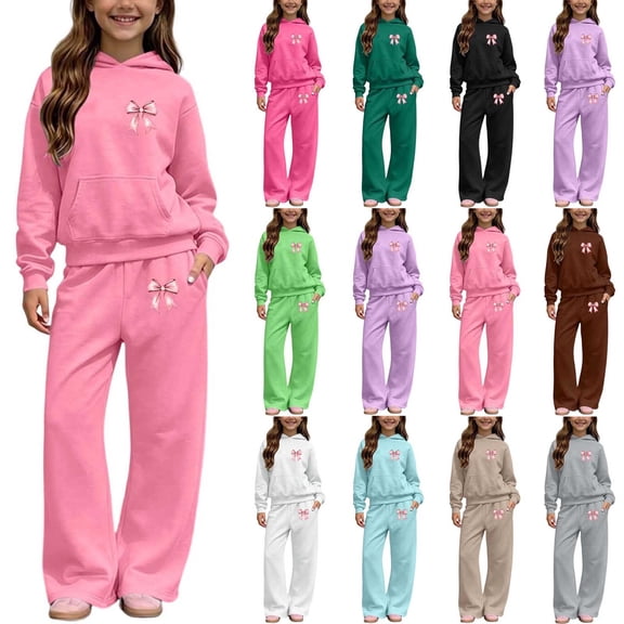 Auroural Girls Hoodies Girls Sweatpants Wide Leg Children's Winter Printed Hooded Sweatshirt Wide-Leg Pants Casual Sports Fleece-Lined Warmth Two-Piece Set Kids