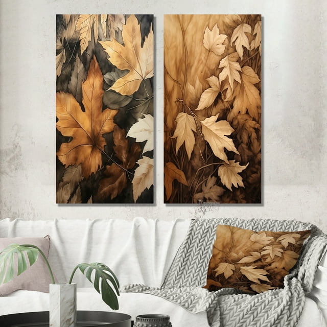 Designart "Earthy Foliage Balance IV" Floral Wall Art Set Of 2 - Brown Floral Gallery Set For Office Decor