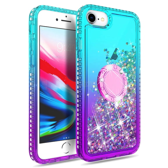 SOGA Rhinestone Liquid Float Quicksand Cover Cute Phone Case Compatible for Apple iPhone 8 Plus/Phone 7 Plus Case with Embedded Metal Diamond Ring for Magnetic Car Mounts and Lanyard - Teal on Purple
