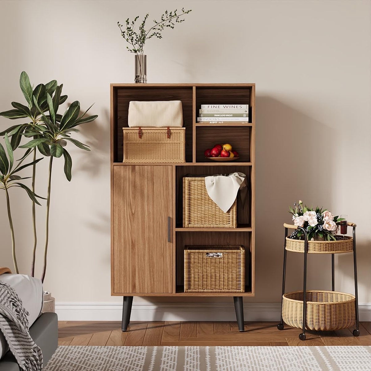 Ataucjin 4-Tier Display Walnut Bookcase,Book Shelf Cube Storage Cabinet with Legs, Freestanding Open Book Shelves for Living Room Furniture