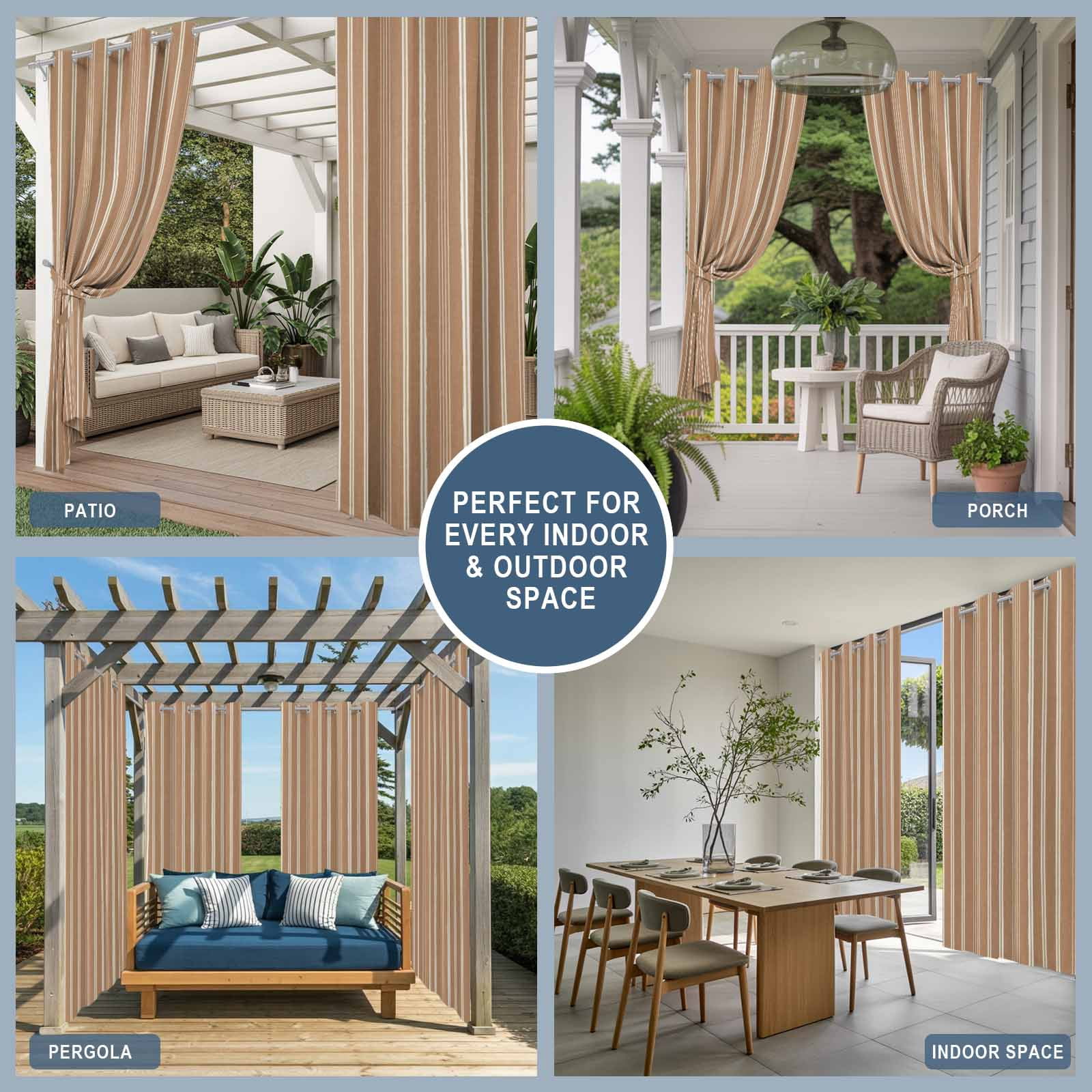 Brown Striped Outdoor Curtains for Patio, Minimalism Stripes Modern Vintage Farmhouse Abstract Sunshade Privacy Drapes Grommet Waterproof Outside Curtains for Porch/Cabana/Balcony 54"x 108", 1 Panel
