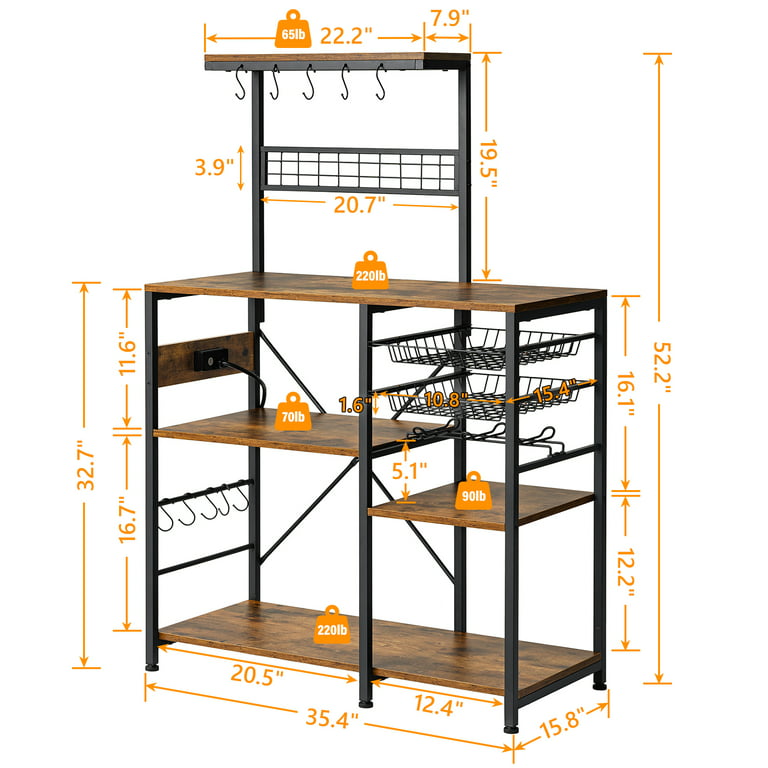 Anycoo Bakers Rack with 3 Power Outlets, 4-Tier Kitchen Microwave Stand  with Storage, Freestanding Kitchen Shelf Stand 23.6”L x 15.7”W x 51.2”H