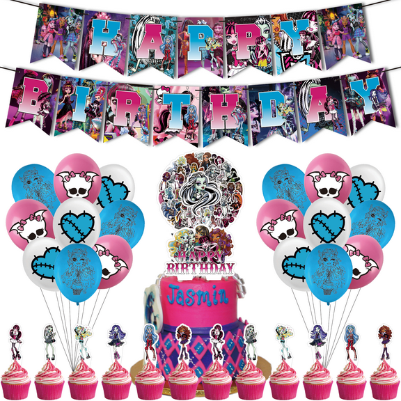 82PCS For Monster high Theme Birthday Party Decorations,Party Supply Set for Kids with 1 Happy Birthday Banner Garland,50 Stickers,18 Balloons,13 Cupcake Toppers