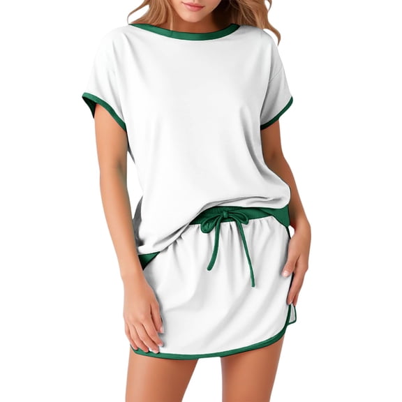 Telankuip Womens 2 Piece Skort Set 2026 Trendy Color Blocking Short Sleeve Top Drawstring Skorts Matching Sets Relaxed Fit Casual Loungewear Summer Casual Workout Outfits White XL