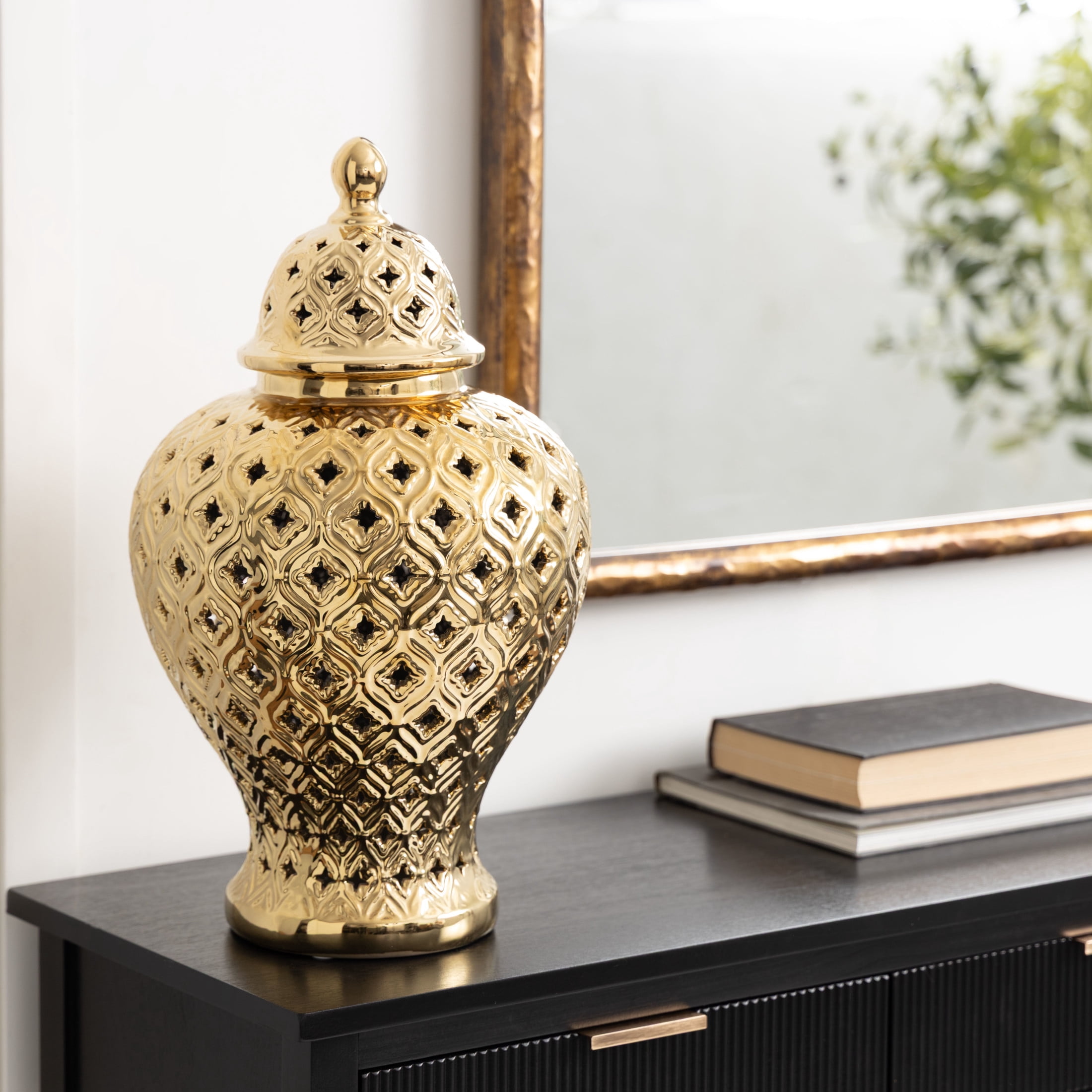 DecMode 10" x 18" Gold Ceramic Decorative Jars with Geometric Cutout Design and Lid, 1-Piece